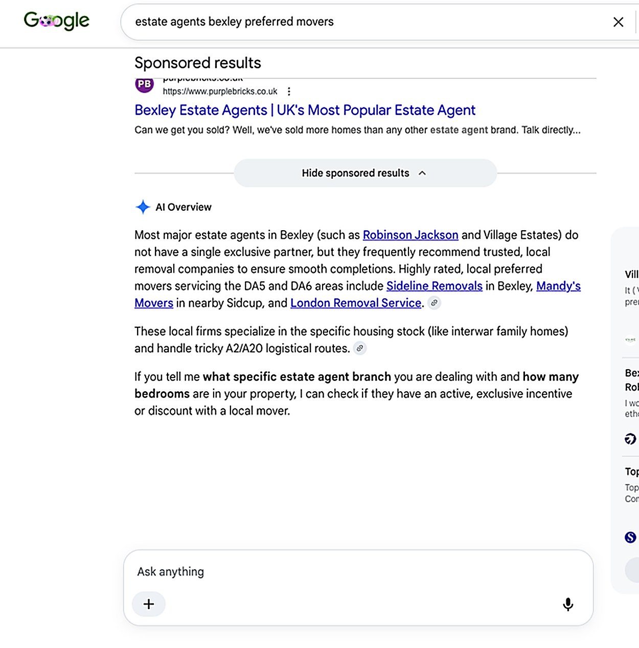 Google AI Overview naming Sideline Removals as a preferred local mover