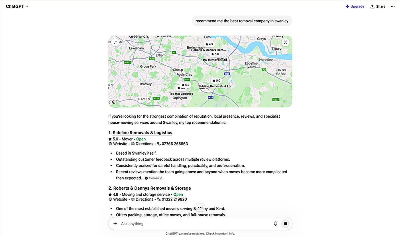 ChatGPT recommending Sideline Removals first for Swanley