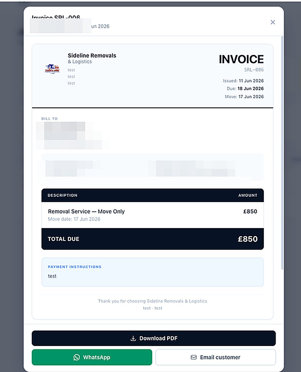 The branded invoice the CRM generates