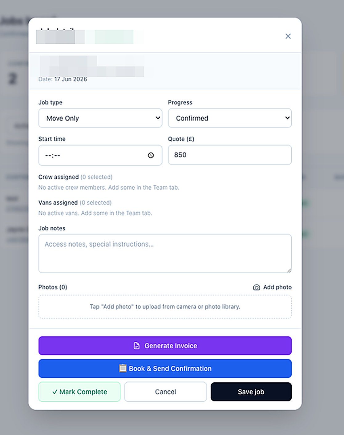 The job card: quote, job type, crew and notes with buttons to invoice or confirm