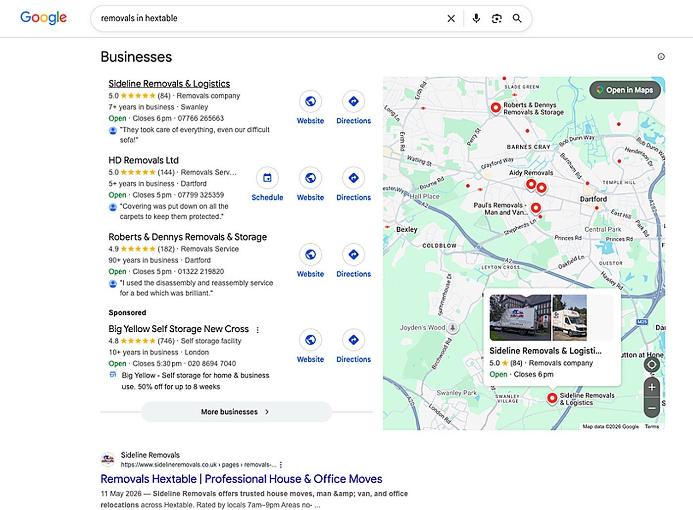 Google results for removals in Hextable with Sideline first