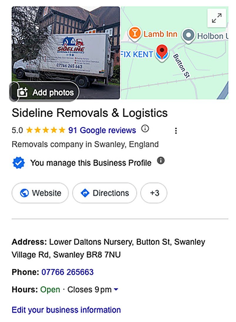 Sideline Removals Google Business Profile: 5.0 stars, 91 reviews