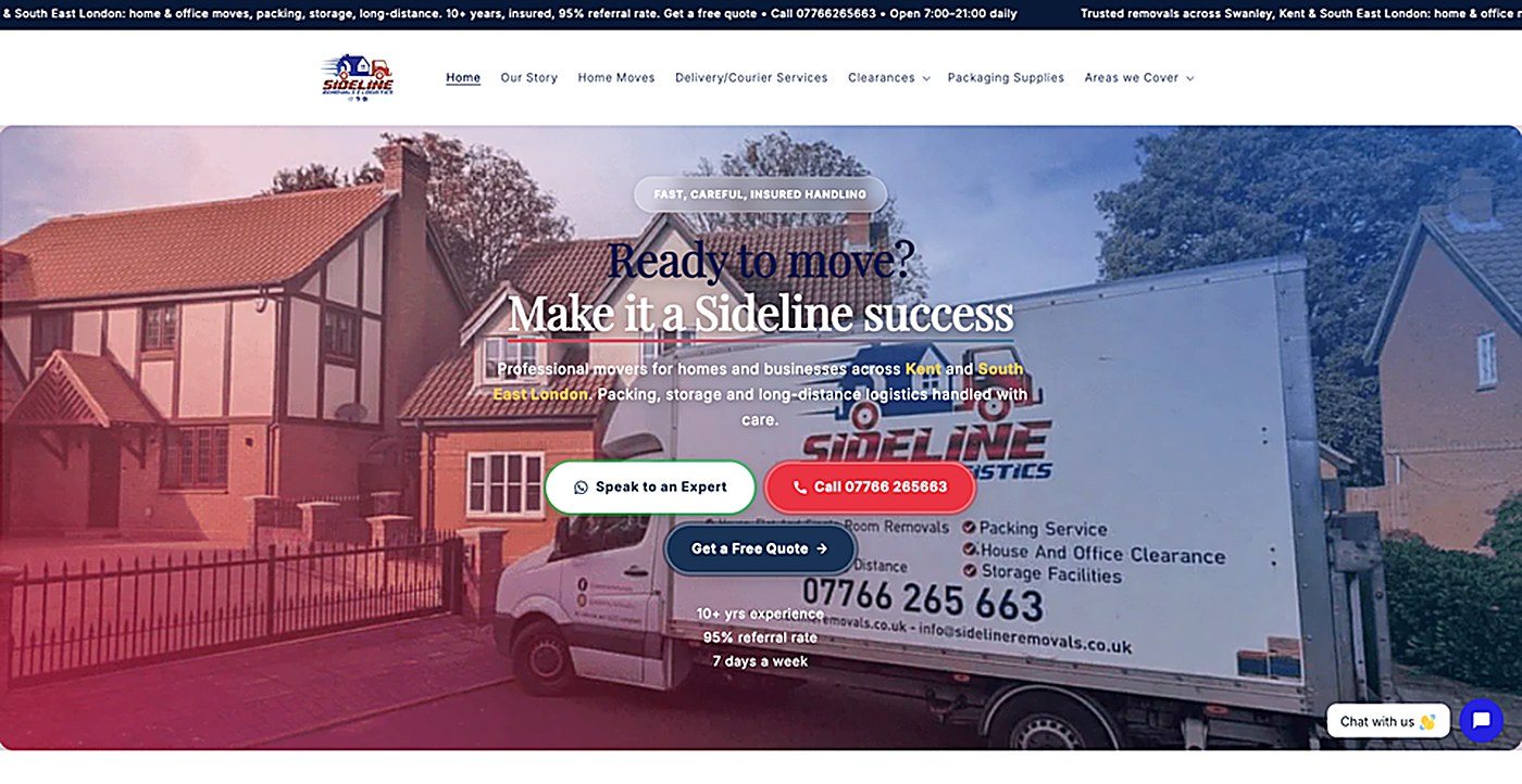 The Sideline Removals homepage, built by Inbound Removals