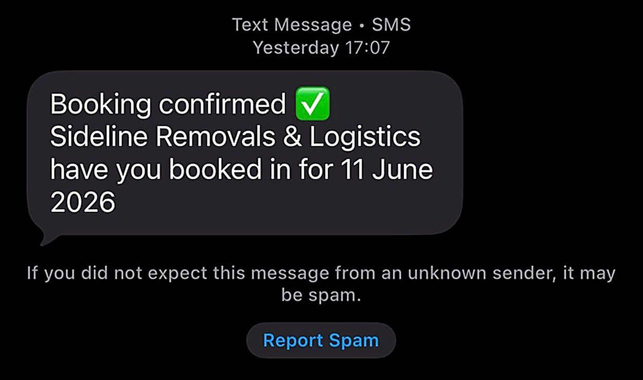 Automatic booking confirmation text from Sideline Removals
